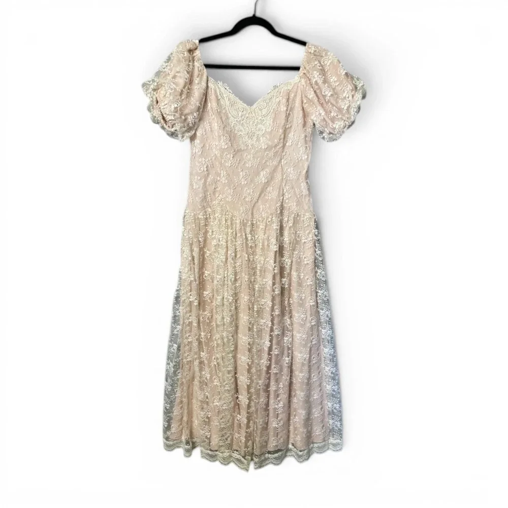 Vintage Scott McClintock Lace Prairie Cottagecore Puff Sleeve Formal Dress 14